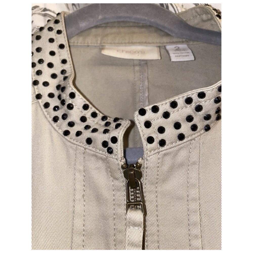 Beige Moto Utility Jacket Studded Collar Minimalist Zip Front Neutral (2) M - Picture 3 of 8